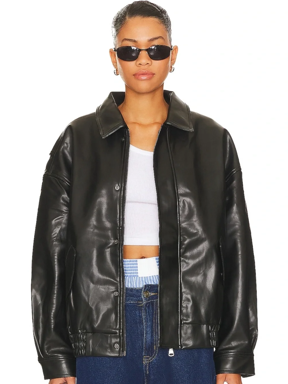 REVOLVE Lioness Black Faux Leather Bomber Jacket - Women